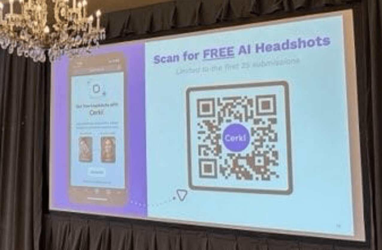 Cerkl conference display showing QR code for free AI headshots
