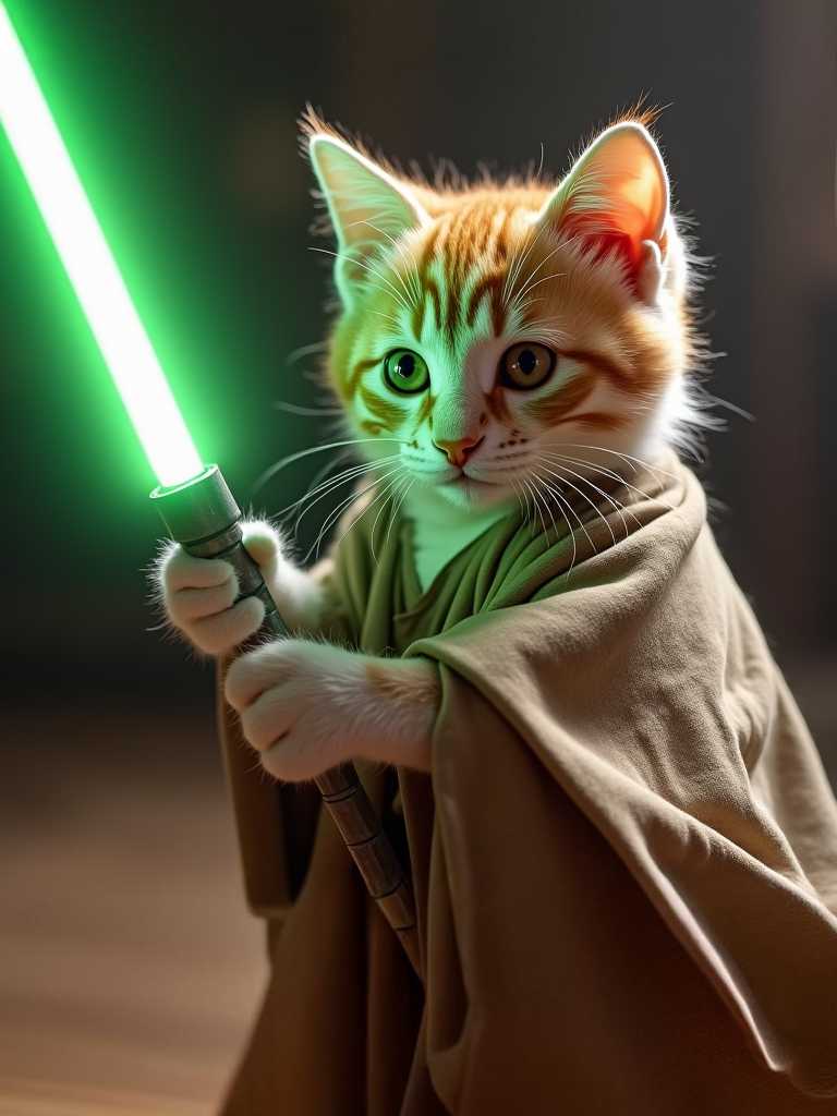 Cat dressed as a Jedi holding a lightsaber