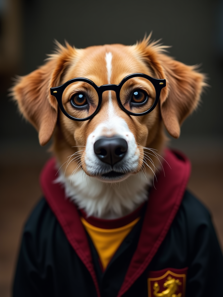 Dog wizard-school portrait with scarf and glasses