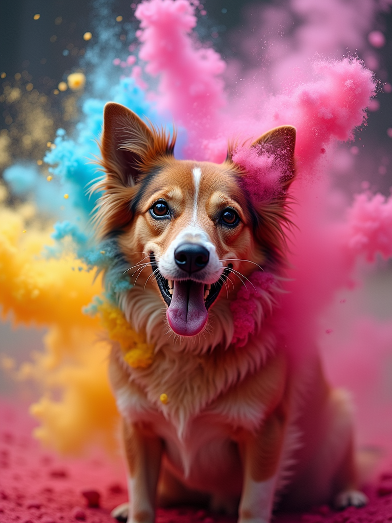 Dog covered in bright festival color powder