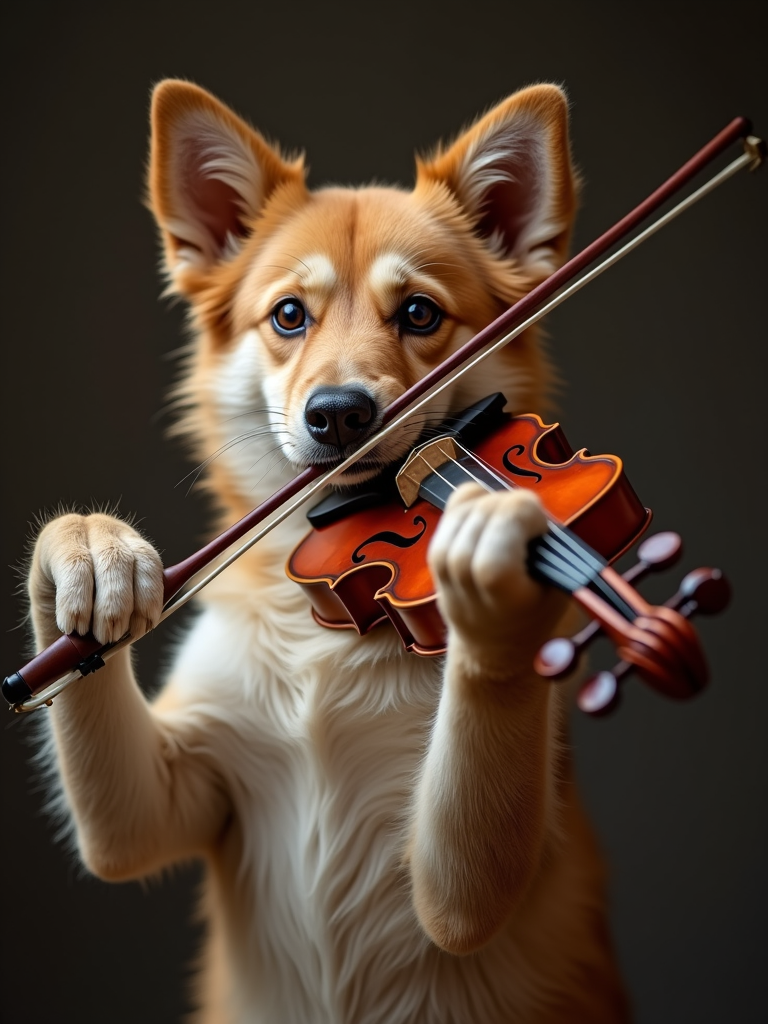 Dog violinist portrait in a tailcoat