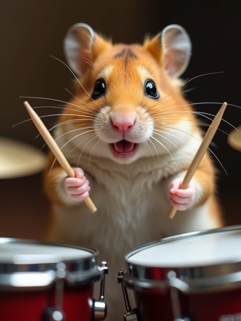 Hamster drummer portrait behind a drum kit