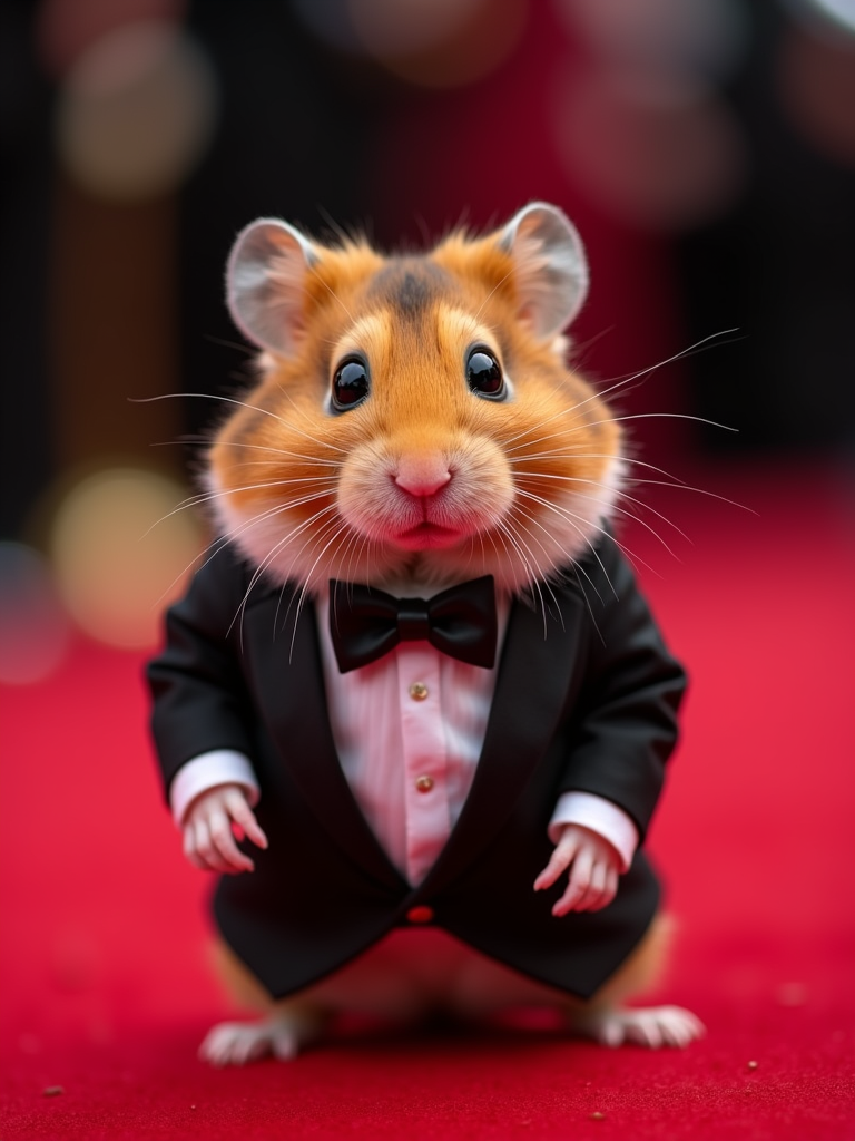 Hamster in a tuxedo on the red carpet