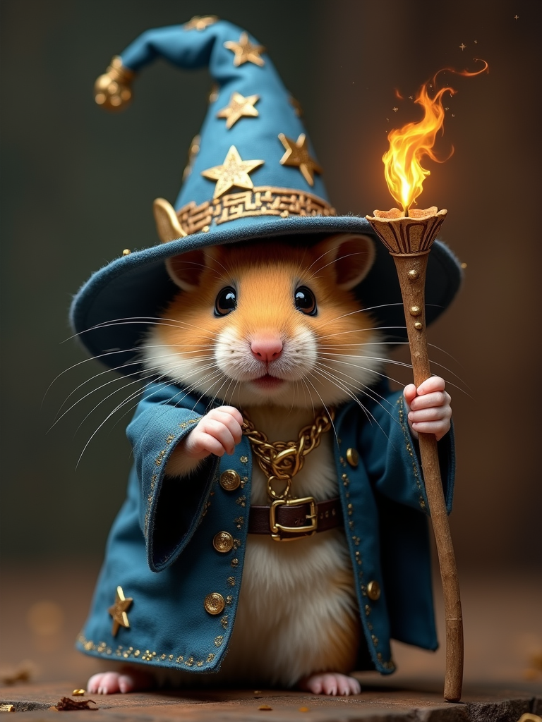Hamster wizard portrait with a pointed hat
