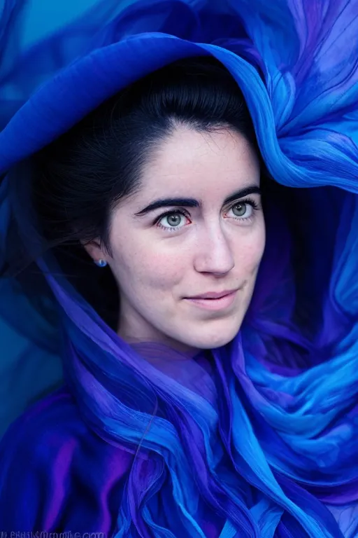 AI photo of model's face surrounded by swirling blue cloth