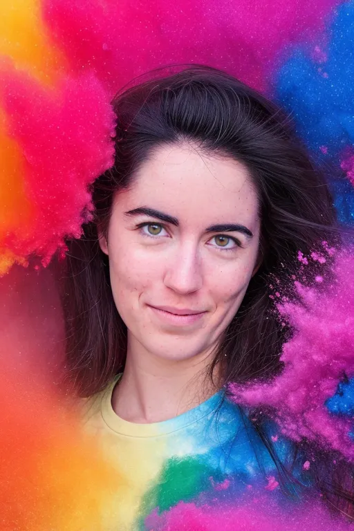 AI photo of model surrounded by rainbow powder