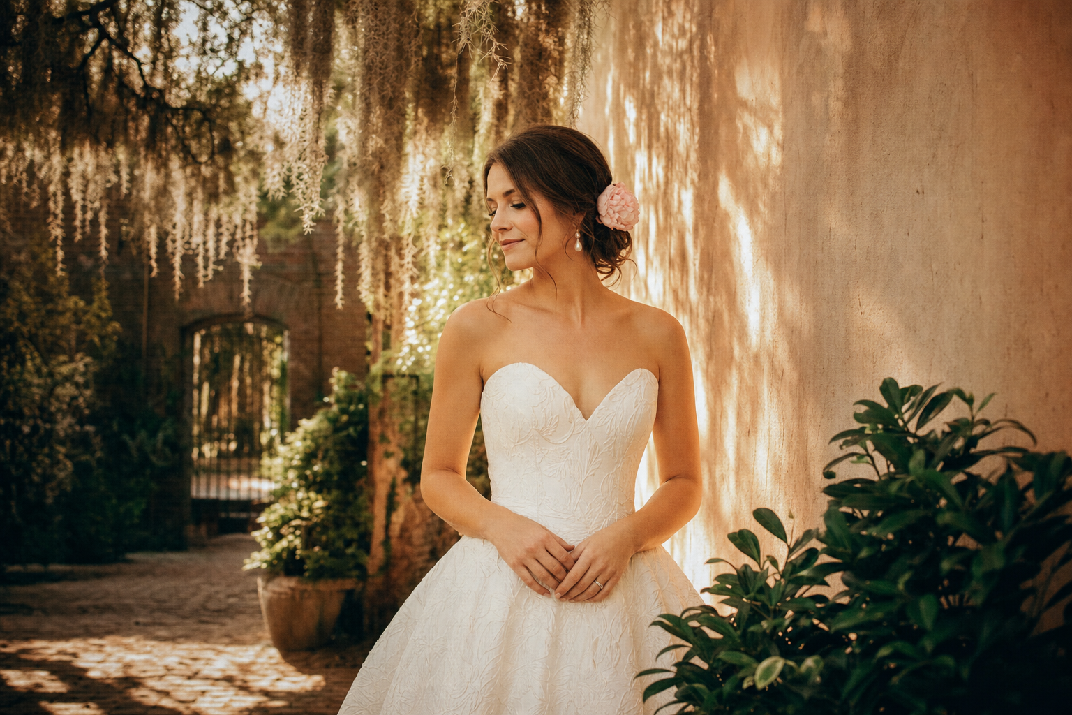 Bride in a sun-dappled Charleston courtyard with Spanish moss