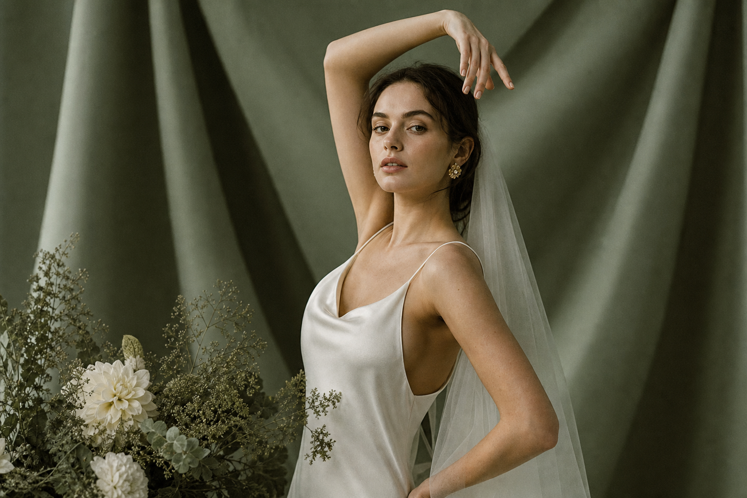Sculptural editorial bridal portrait on sage-green draped backdrop