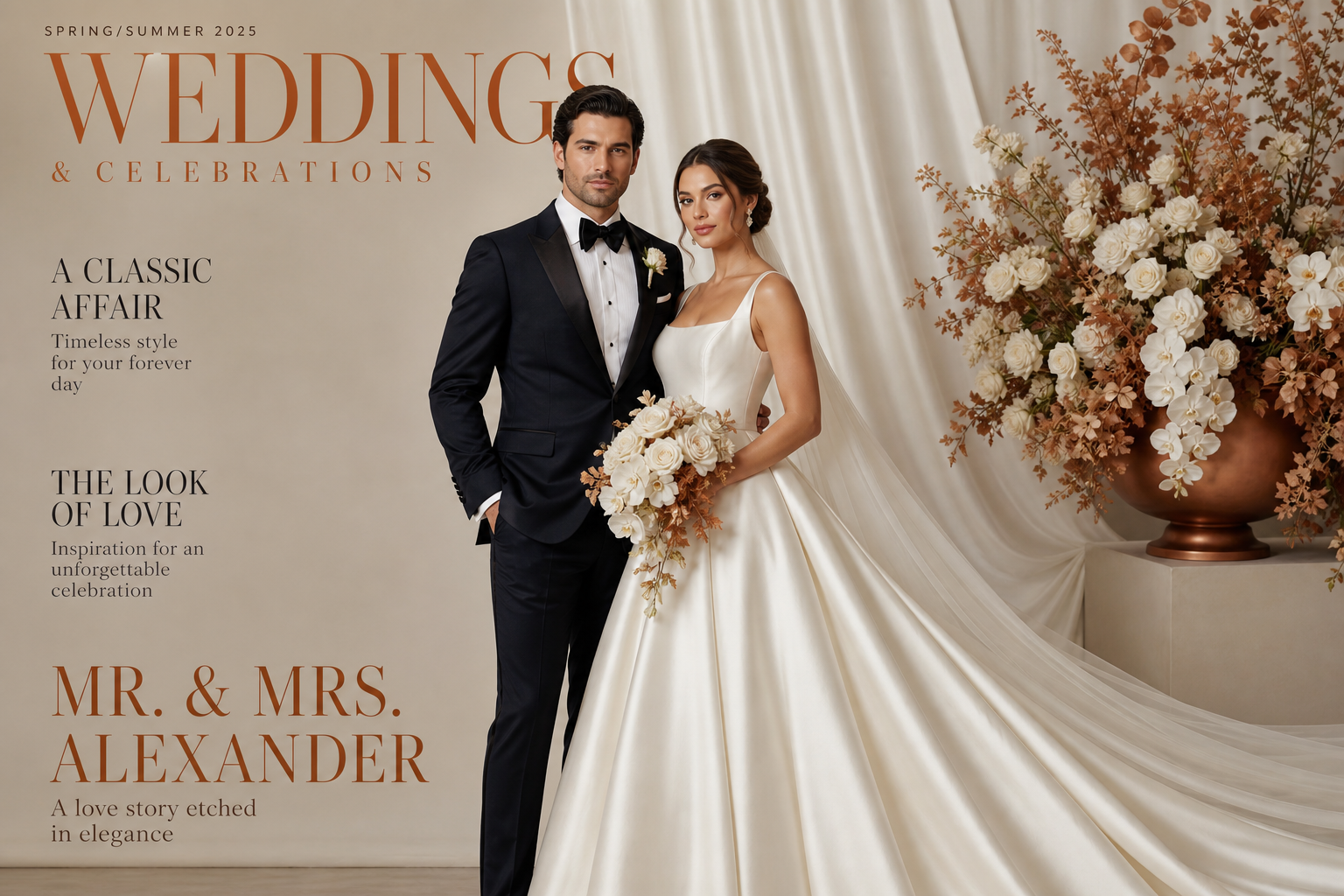 Black-tie wedding portrait, tuxedo and cathedral-train gown