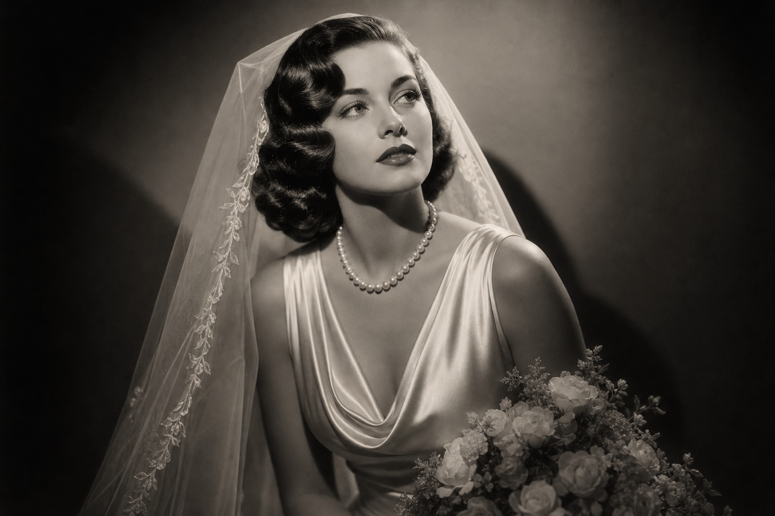 Old Hollywood bride with finger waves and pearls in dramatic spotlight