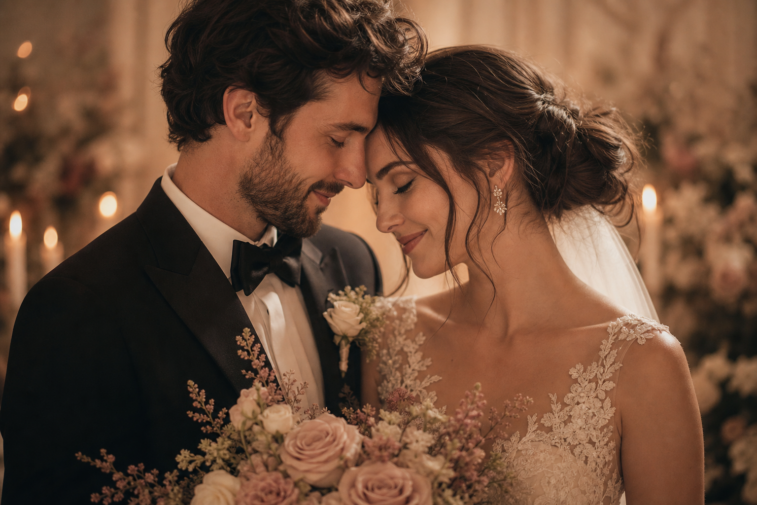 Romantic close-up of newlyweds, foreheads touching in candlelight