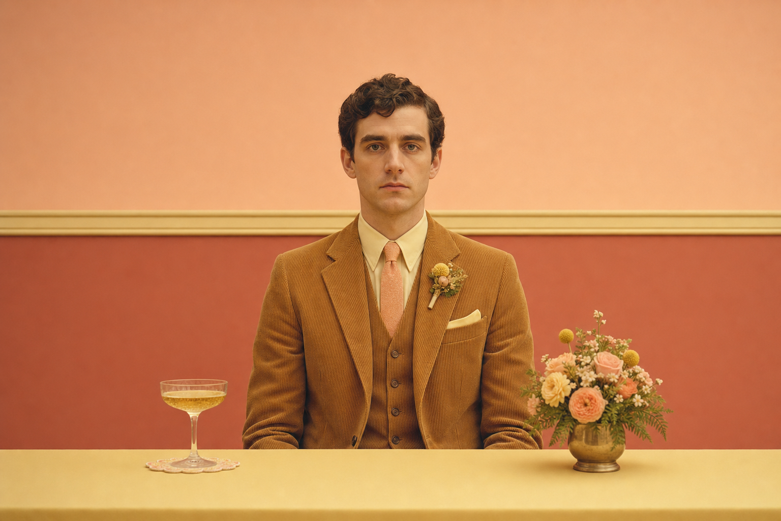 Symmetrical Wes-Anderson-styled groom portrait in pastel palette