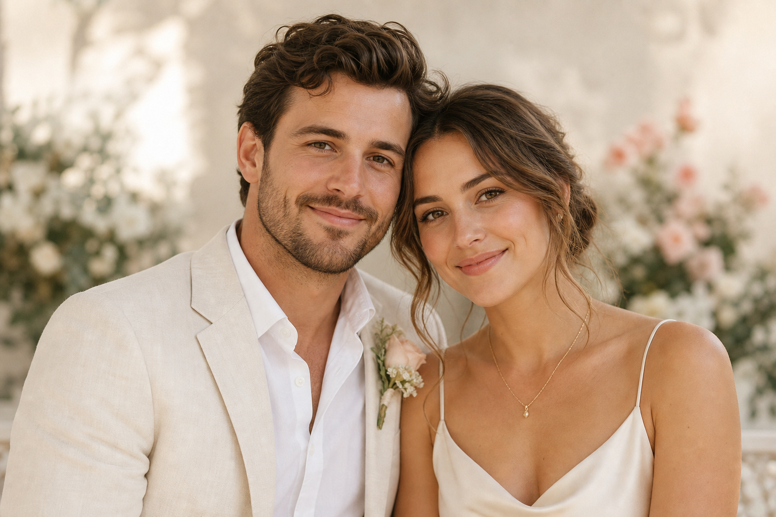 Olivia and James, smiling on their wedding day